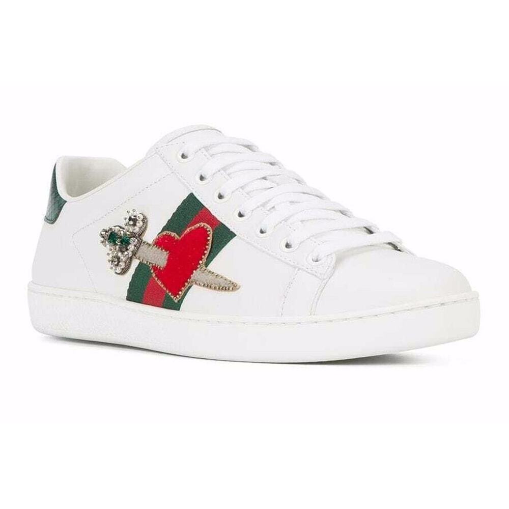 Gucci New Ace White Leather Red Heart Dagger Sword GG Flat Trainer Sneaker 41.5 - Picture 3 of 12